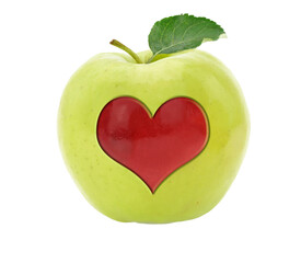 Healthy eating, Green apple with heart isolated on white transparent background, PNG