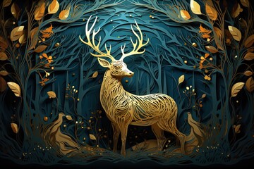 golden male deer walking in Autumn or winter season forest, Generative Ai