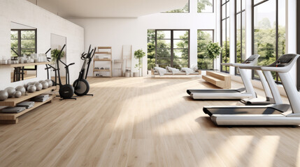 contemporary gym with a variety of exercise equipment and a sleek design,  modern interior, empty, place for your texte, AI