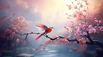 bird flying over flower blossom pink tree with heavenly light flare shine from sky, Generative Ai