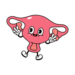 Jumping Uterus character. Vector hand drawn traditional cartoon vintage, retro, kawaii character illustration icon. Isolated on white background. Uterus jump character concept