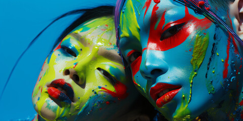 two people with colorful makeup in japonism style, indigenous cuture