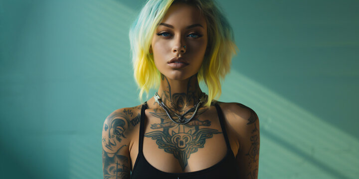 tattooed woman with short colorful hair and a tight top