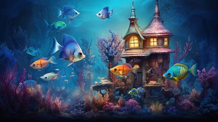 painting style illustration, a house at ocean floor  underwater coral reef with fish and  lights glow from above water surface, Generative Ai