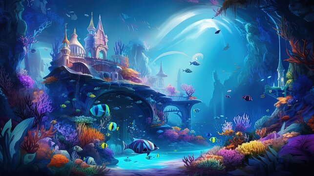 painting style illustration, a house at ocean floor  underwater coral reef with fish and  lights glow from above water surface, Generative Ai