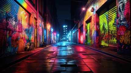Foto op Aluminium wet city street after rain at night time with colorful light and graffiti wall, Generative Ai © QuietWord