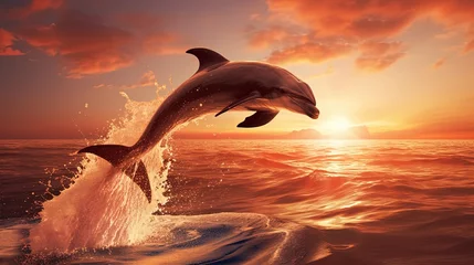 Tuinposter Bottlenose dolphin jump over ocean surface against sunlight , dusk or dawn beautiful background, Generative Ai © QuietWord