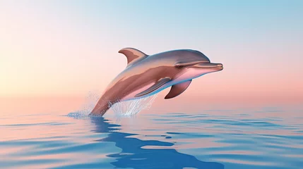 Fotobehang Bottlenose dolphin jump over ocean surface against sunlight , dusk or dawn beautiful background, Generative Ai © QuietWord