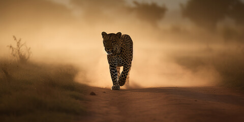 Fototapeta na wymiar Leopard wandering through the steppe