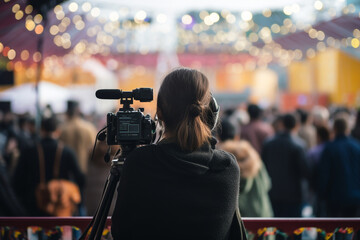 Journalist documenting a cultural event in vibrant surroundings, journalist, blurred background, natural light, affinity, bright background 