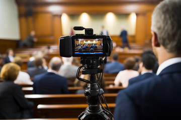 Reporter at a courtroom, capturing trial proceedings, journalist, blurred background, natural light, affinity, bright background 