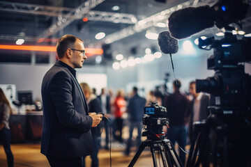Journalist at a technology event, documenting the latest innovations, journalist, blurred background, natural light, affinity, bright background  - obrazy, fototapety, plakaty