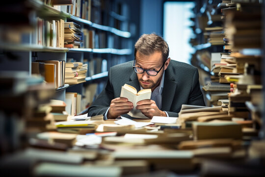 Investigative journalist researching in a library, surrounded by stacks of books, journalist, blurred background, natural light, affinity, bright background 