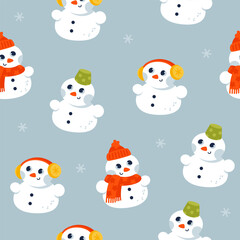 Seamless vector pattern with cute snowman characters