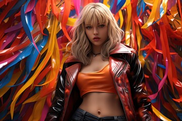 pretty woman look cool in colorful leather jacket with color splash background, modern woman freaky fashion, Generative Ai - obrazy, fototapety, plakaty