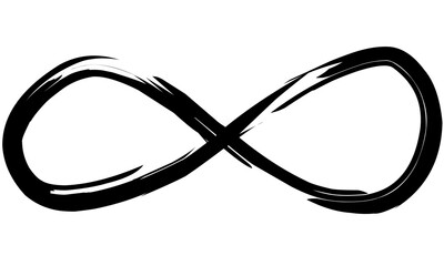 Vector design of single hand drawn black brush stroke infinity symbol on white background.