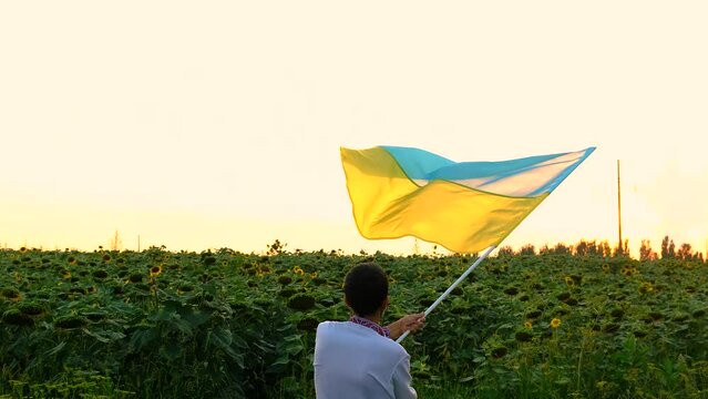 A man with the flag of Ukraine in a field of sunflowers. Selective focus.