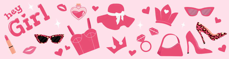 Girly princess banner with hand drawn elements. Design of doll accessories in pink, white colors with leopard prints. Vector illustration for design for header of website, icons, stickers, prints. © Katerina Gems
