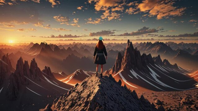 A person standing on top of a mountain at sunset. Generative ai