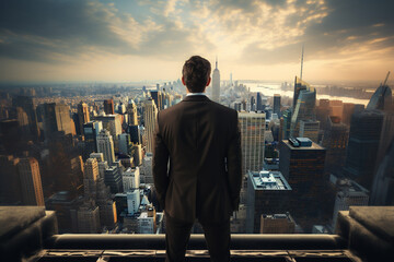 Businessman standing looking the city from top of building, Rear view, Business ambition and vision concept. Generated  AI.