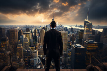 Fototapeta na wymiar Businessman standing looking the city from top of building, Rear view, Business ambition and vision concept. Generated AI.