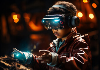 Boy in virtual reality glasses. Future technologies gaming goggles.