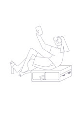 Happy young girl Tourist sitting on a suitcase and taking a selfie on the phone. Illustration in line Art style of travelers isolated on white background