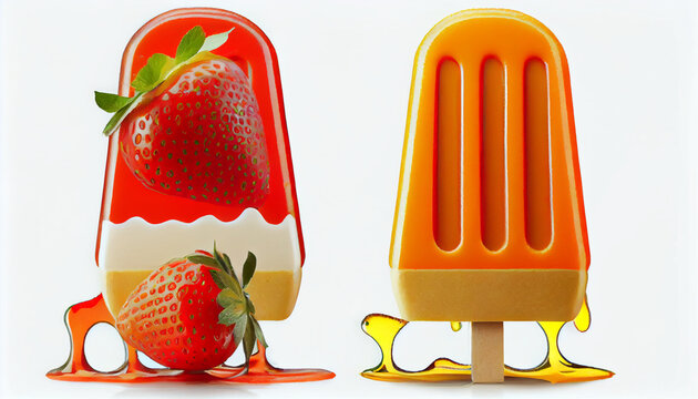  Orange and strawberry popsicles isolated on white background,  ice cream with strawberry and chocolate, Ai generated image