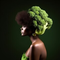 Profile portrait of a woman with green broccoli headpiece. Abstract fantasy people concept.