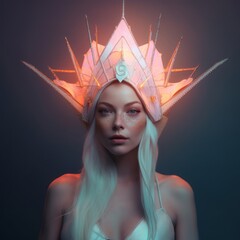 Pale blonde fashion model portrait wearing bright illuminated gothic core headpiece crown. Surreal retro active imaginary magical aesthetic concept.