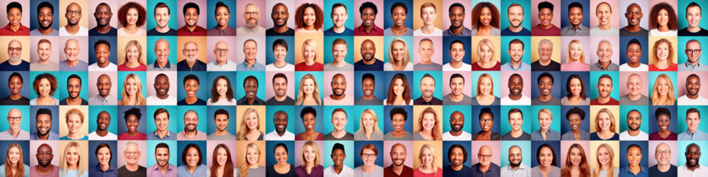 Photo collage portrait of multiracial smiling people with different ages looking at camera. Mosaic of happy modern faces. 