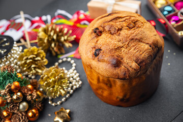panetone christmas cake holiday baking sweet dessert christmas treat new year christmas celebration meal food snack on the table copy space food background rustic top view