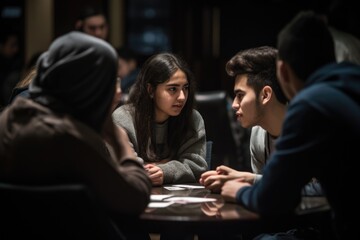 A student group participating in a lively discussion or debate, with the focus on their engaged expressions and gestures. The collaborative learning environment. Generative AI.