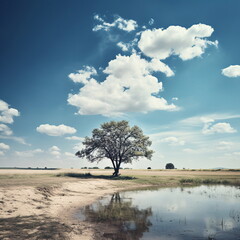 Large Oak Tree with Many Branches in a Field with a Pond (AI Generated)