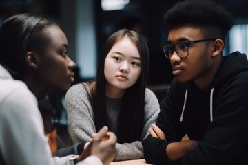 A student group participating in a lively discussion or debate, with the focus on their engaged expressions and gestures. The collaborative learning environment. Generative AI.