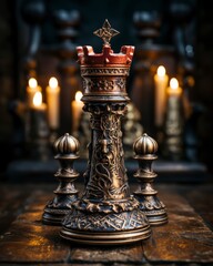 Intricately Carved Chess King Sculpted in Fine Detail and Dramatically Lit Against a Black Void, Conveying the Weight of Fateful Decisions and Loneliness of Power.