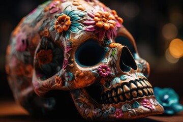 Obraz premium A close-up of a beautifully decorated sugar skull, intricate designs and vibrant colors. Artistic traditions of Day of the Dead. Generative AI.