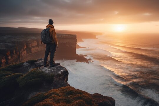 A traveler standing at the edge of a cliff, overlooking a stunning coastal landscape. The image conveys the thrill of exploring coastal destinations. Generative AI.