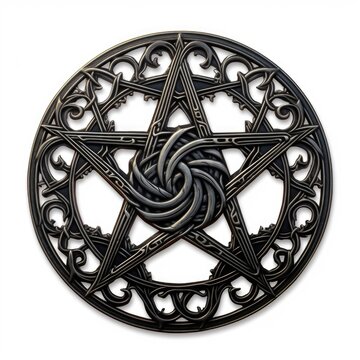 A metal pentagram with a knot in the center. Digital image.