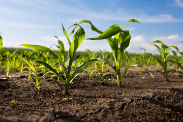 young corn in the field in spring