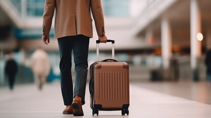 Busy Businessman in Sharp Suit Walking Through Bustling Airport Terminal Dragging Travel Bag, En Route to Important Work Meeting.