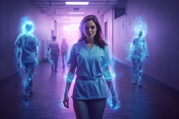 Nurse in Hospital Corridor Surrounded by Mystical Light and Figures - AI Generated
