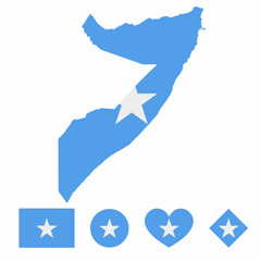 Vector of Somalia map flag with flag set isolated on white background. Collection of flag icons with square, circle, love, heart, and rectangle shapes.