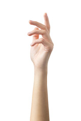 Woman hand holding grabbing or measuring something isolated on white background, with clipping path. Five fingers. Full Depth of field. Focus stacking.