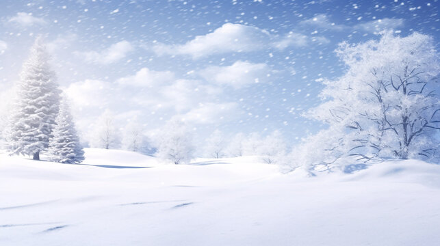 Snowy landscape with trees and hills, blue sky with white clouds and snowflakes falling, and a thick blanket of snow on the ground conveying a feeling of winter and cold weather.