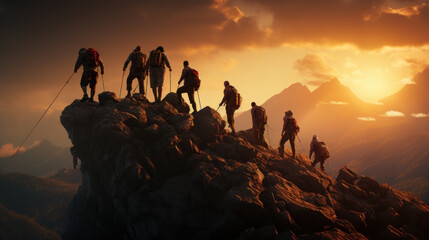 Summiting Together: Triumph of Teamwork in Mountain Climbing Adventure. Generative AI - obrazy, fototapety, plakaty