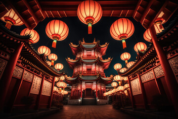 Naklejka premium Traditional Chinese Buddhist Temple at night illuminated for the Mid-Autumn festival. Traditional Chinese lanterns display in Temple illuminated for Chinese new year festival., generative AI 