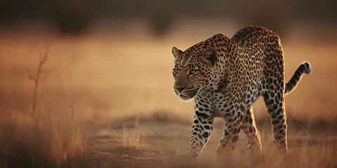 Fototapeten Leopard hunting in the steppe © tan4ikk