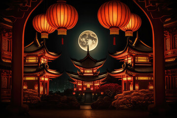 Fototapeta na wymiar Traditional Chinese Buddhist Temple at night illuminated for the Mid-Autumn festival. Traditional Chinese lanterns display in Temple illuminated for Chinese new year festival., generative AI 