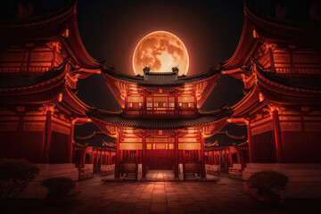 Traditional Chinese Buddhist Temple at night illuminated for the Mid-Autumn festival. Traditional Chinese lanterns display in Temple illuminated for Chinese new year festival., generative AI	
